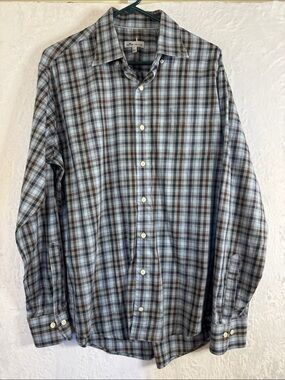 Peter Millar Blue and Brown Plaid Long-Sleeve Button-Down Shirt Large